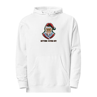 a white hoodie with an image of a cat wearing a santa hat