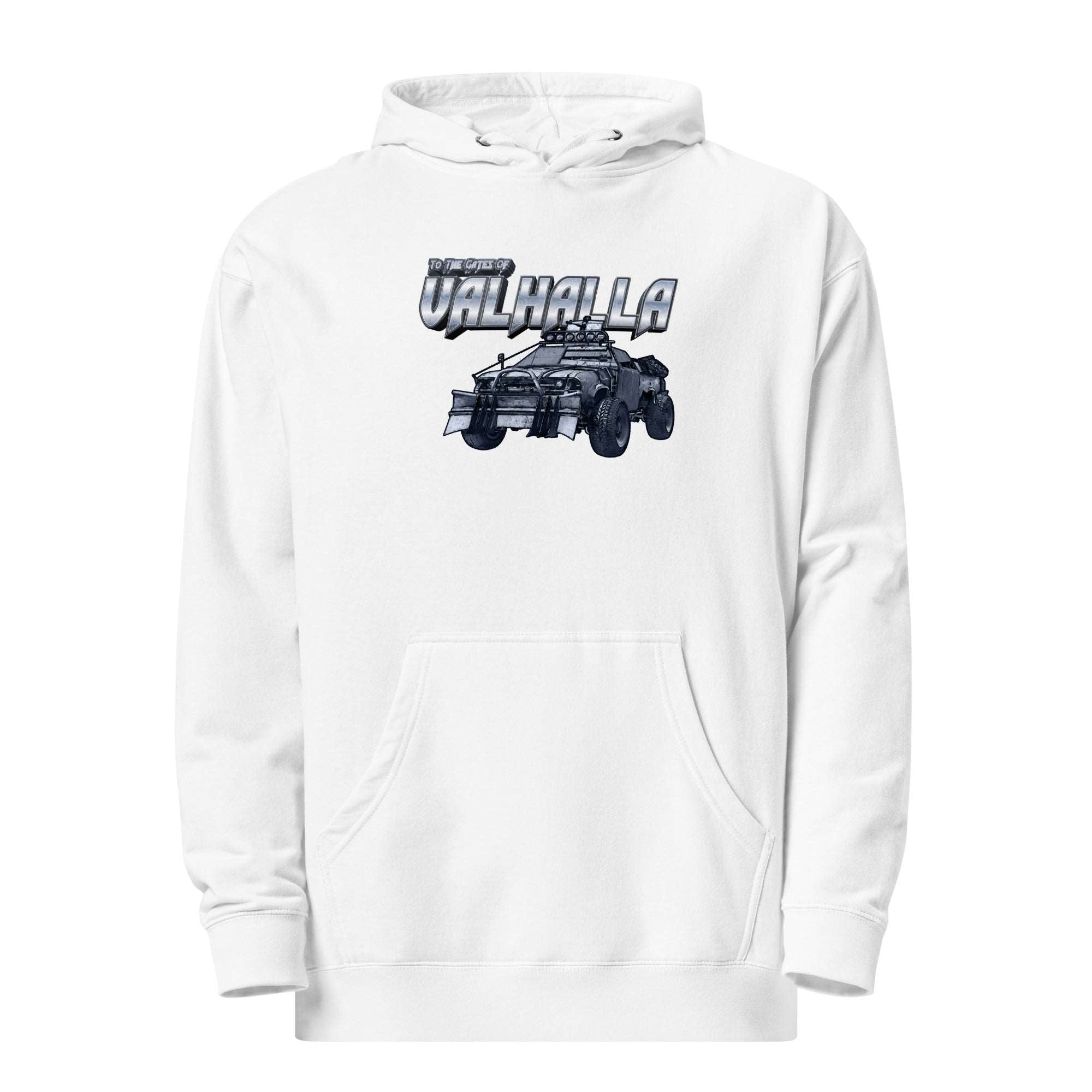 a white hoodie with an image of a jeep on it