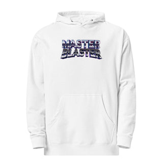 a white hoodie with the words master blaster printed on it
