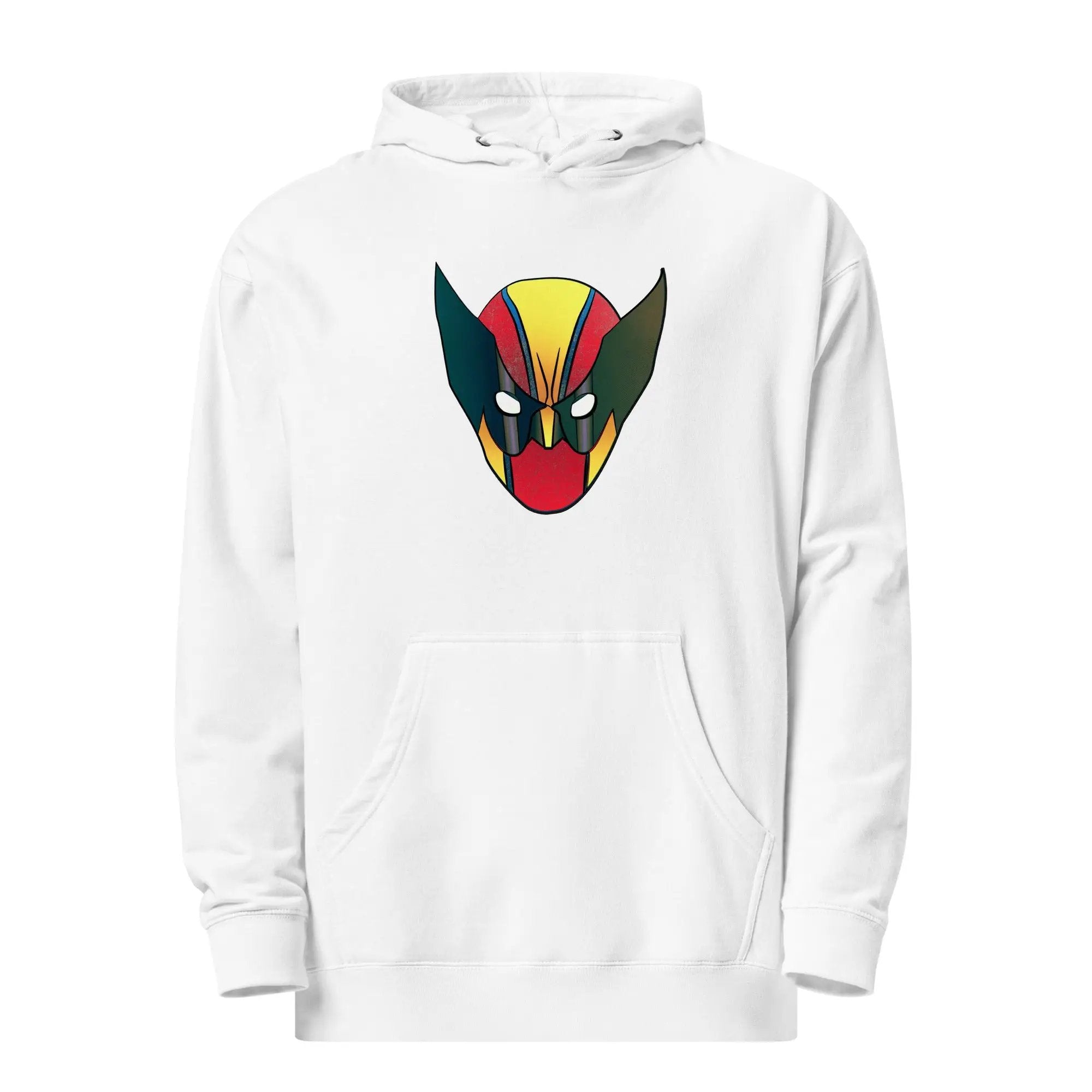 a white hoodie with a red, yellow, and green mask on it