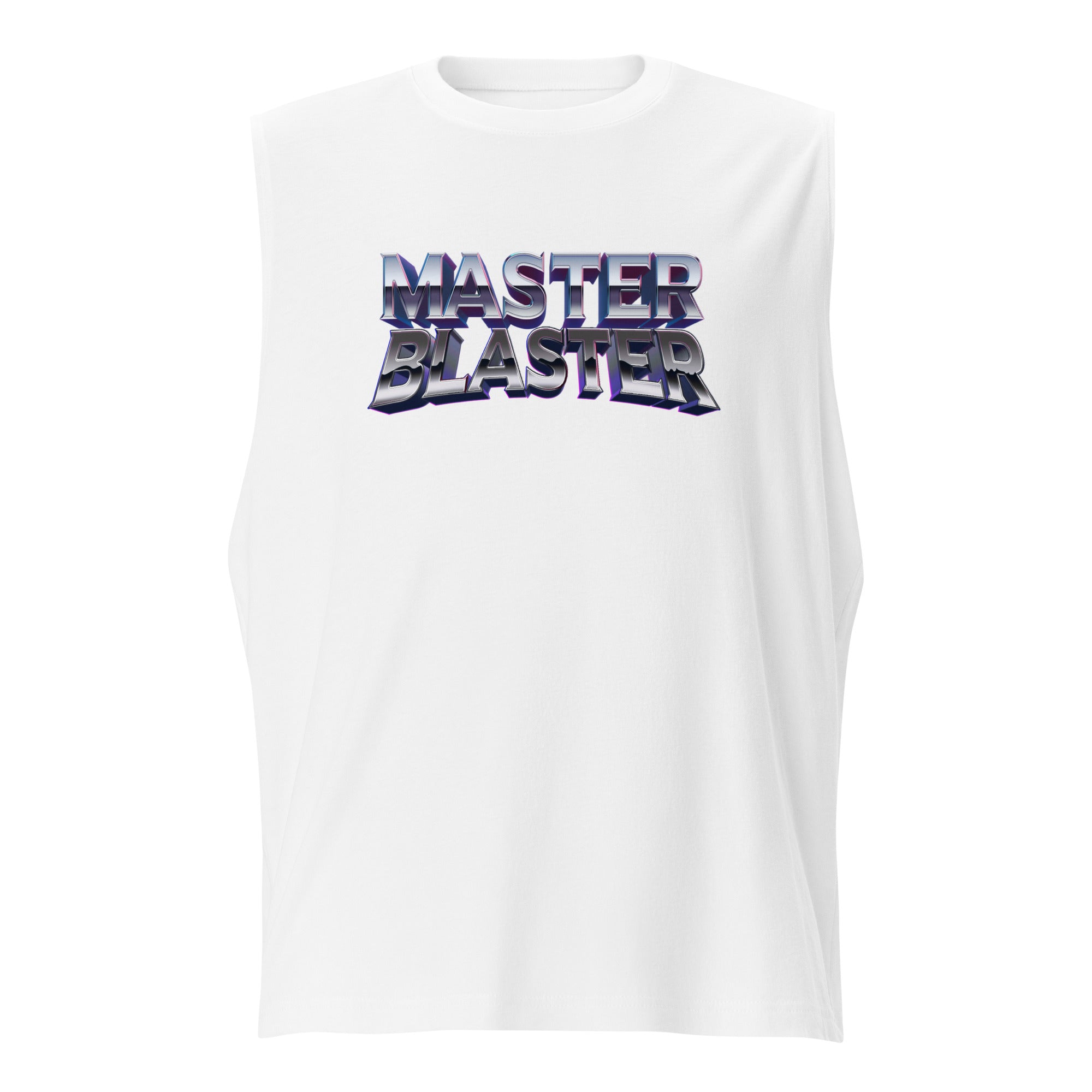 a white tank top with the words master blaster printed on it
