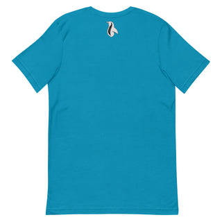 a blue t - shirt with a white bird on it