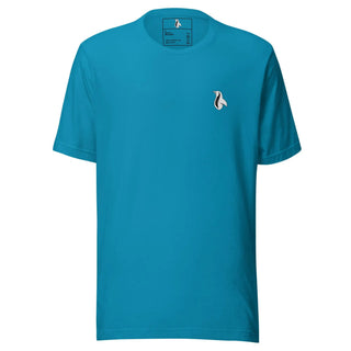 a blue t - shirt with a small bird on it