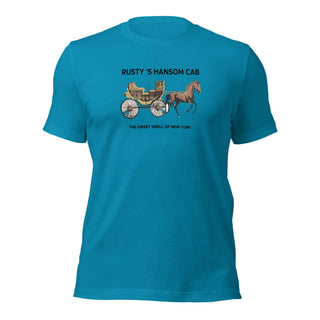 a blue t - shirt with a horse drawn carriage