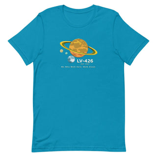 a blue t - shirt with an image of the earth and saturn on it