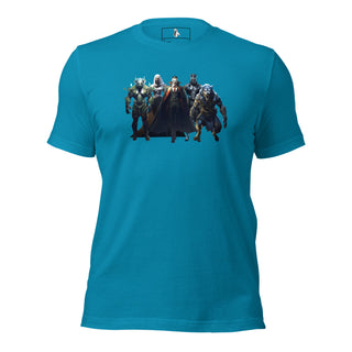 Blue unisex T-shirt featuring a graphic of various horror monsters from The Monster Squad movie, casual clothing for horror fans.
