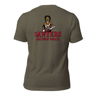 Sawyers Chainsaw Repair  Unisex t-shirt (BACK)