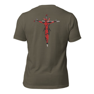 a women's t - shirt with a graphic of a man in a red