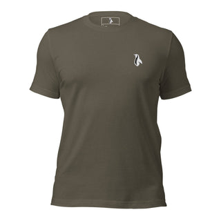 a brown t - shirt with a white logo on the chest