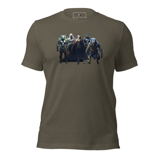 Olive green unisex T-shirt with Monster Squad graphic, cotton material, crew neck, short sleeves, casual apparel.