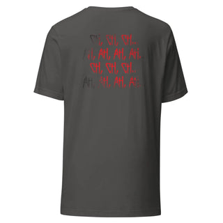 a grey t - shirt with red writing on it