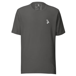 a grey t - shirt with a white logo on the chest