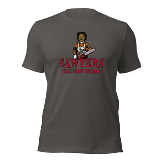 a gray t - shirt with a picture of a man holding a baseball bat