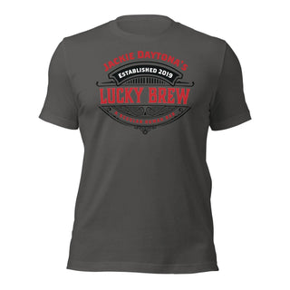a gray t - shirt with the words lucky brew on it