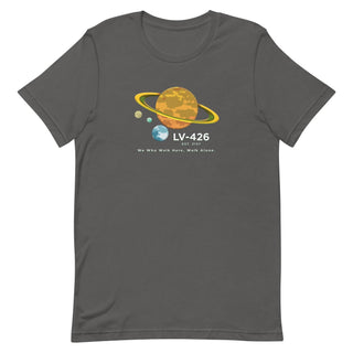 a grey t - shirt with a yellow saturn logo on it