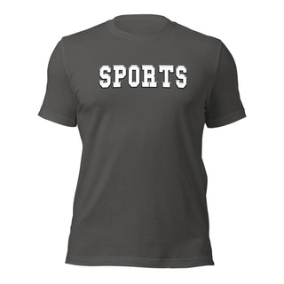 a grey t - shirt with the word sports printed on it