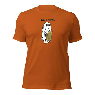 an orange t - shirt with a picture of a dog in a pocket