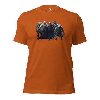 Orange unisex T-shirt featuring Monster Squad monsters, made of cotton, crew neck, short sleeves, casual wear.
