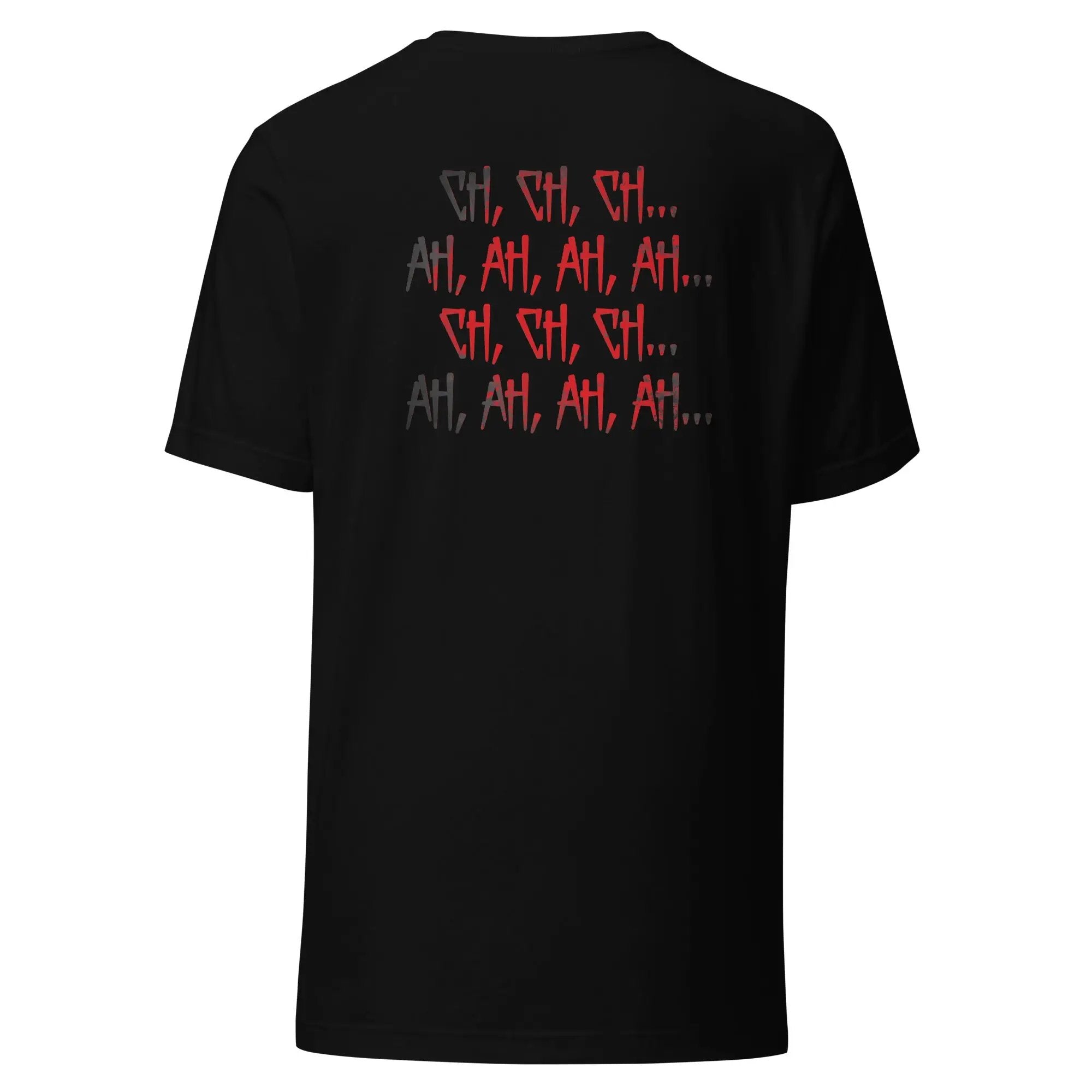 a black t - shirt with red and black letters