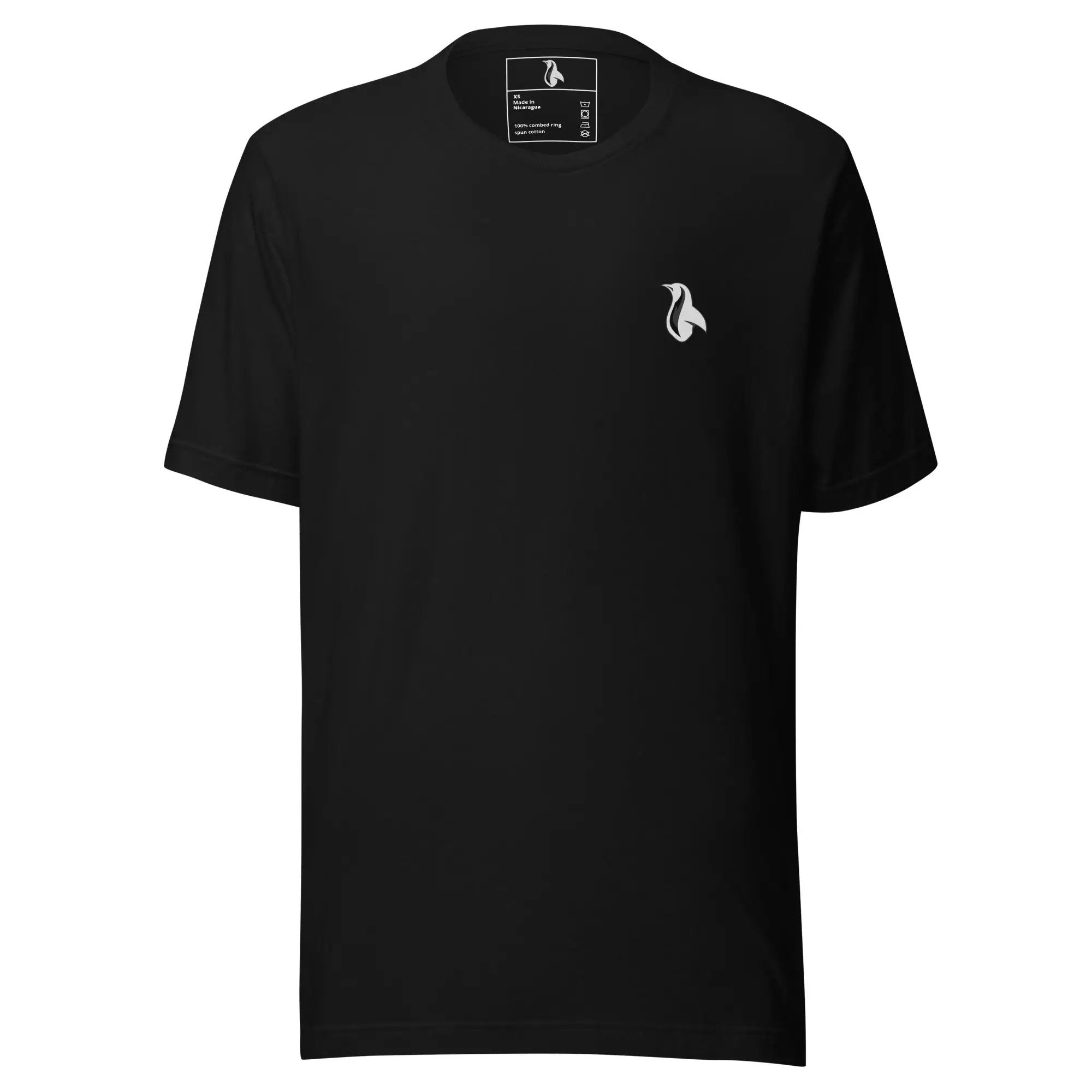a black t - shirt with a white logo on the chest