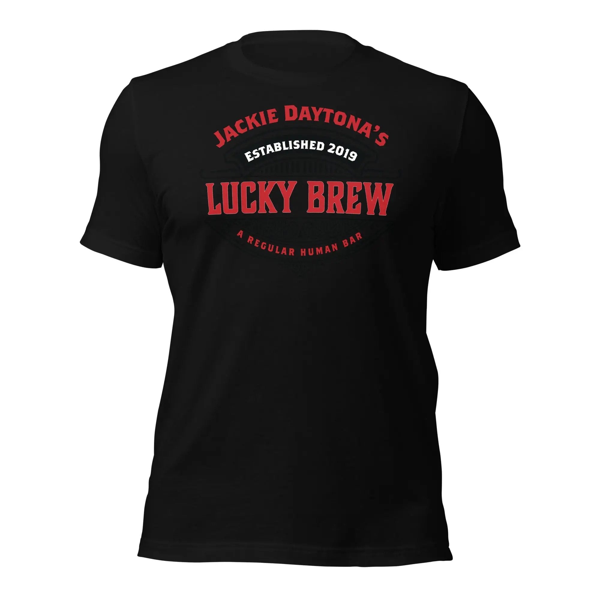 a black t - shirt with a lucky brew on it