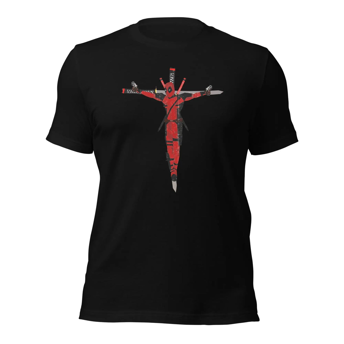 a black t - shirt with a red cross on it