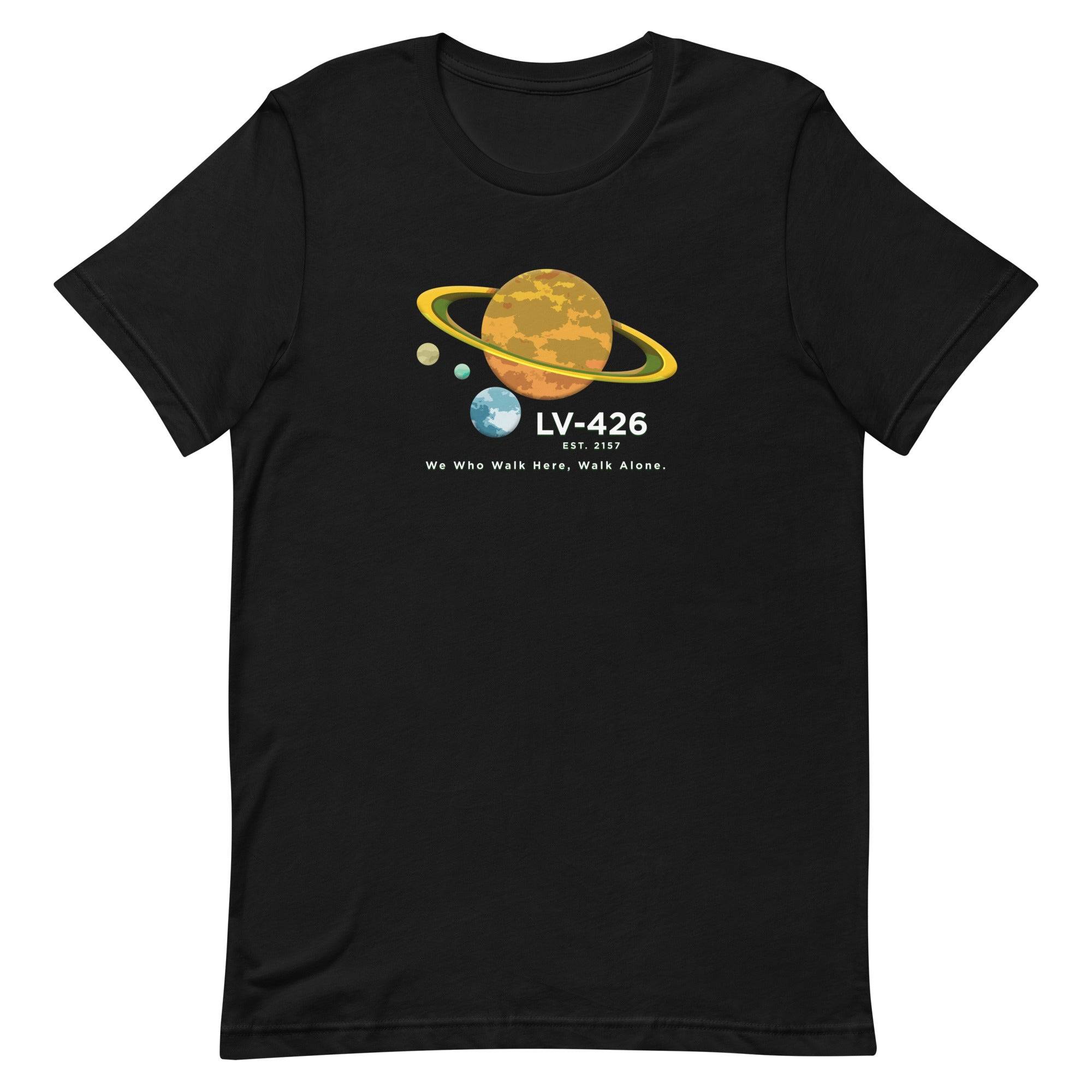 a black t - shirt with an image of the planets and the sun