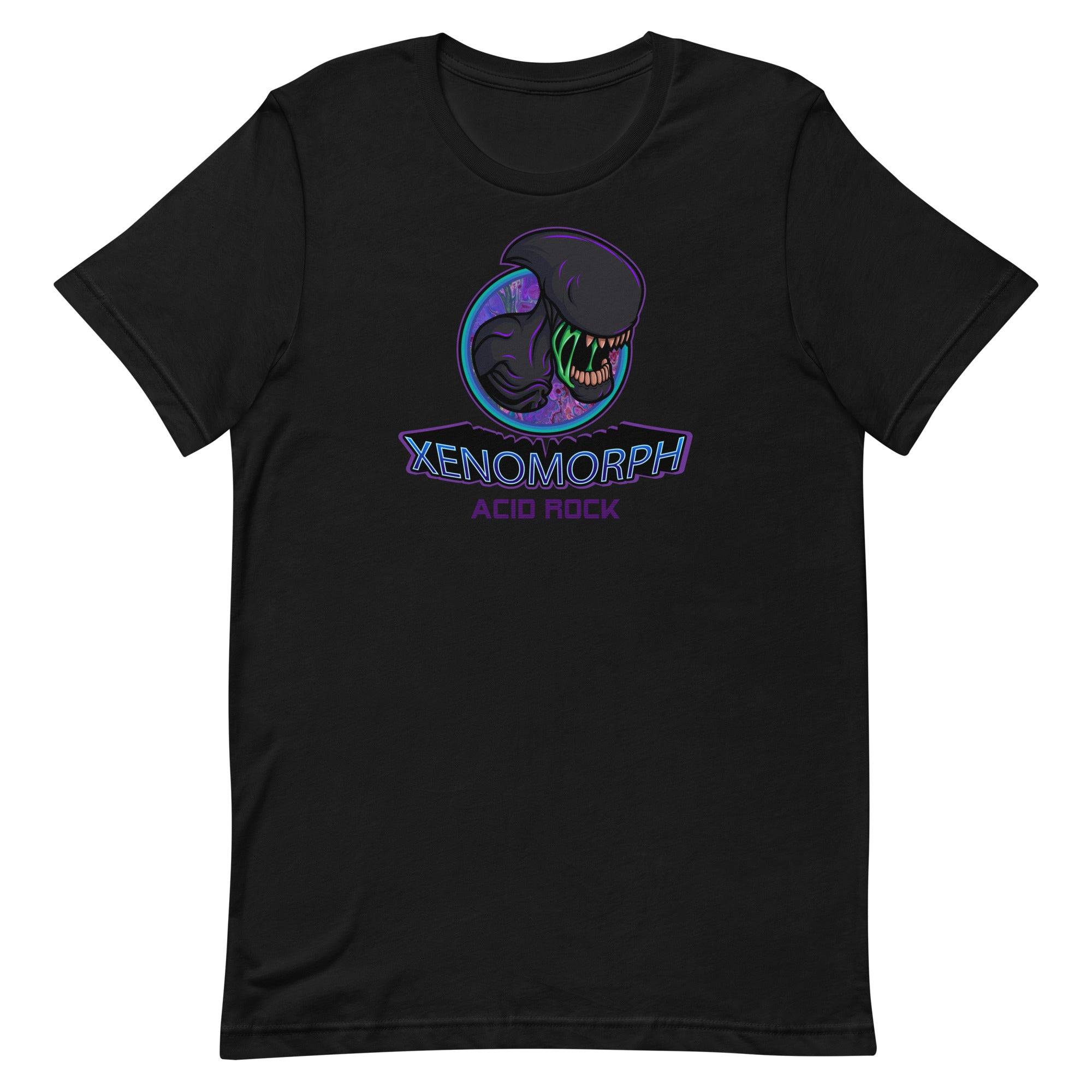 a black t - shirt with the words xenomorch acid rock on it