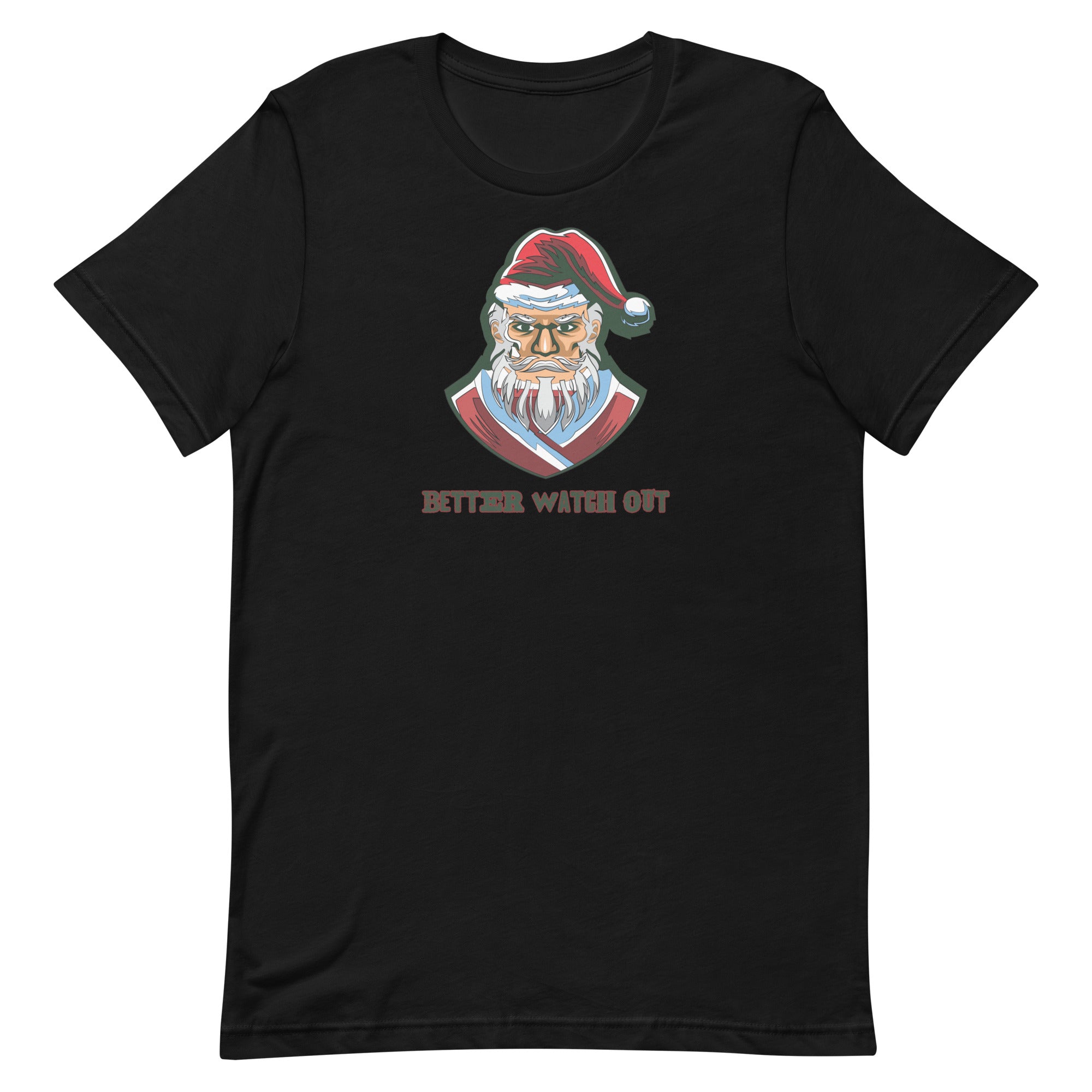 a black t - shirt with a santa clause on it