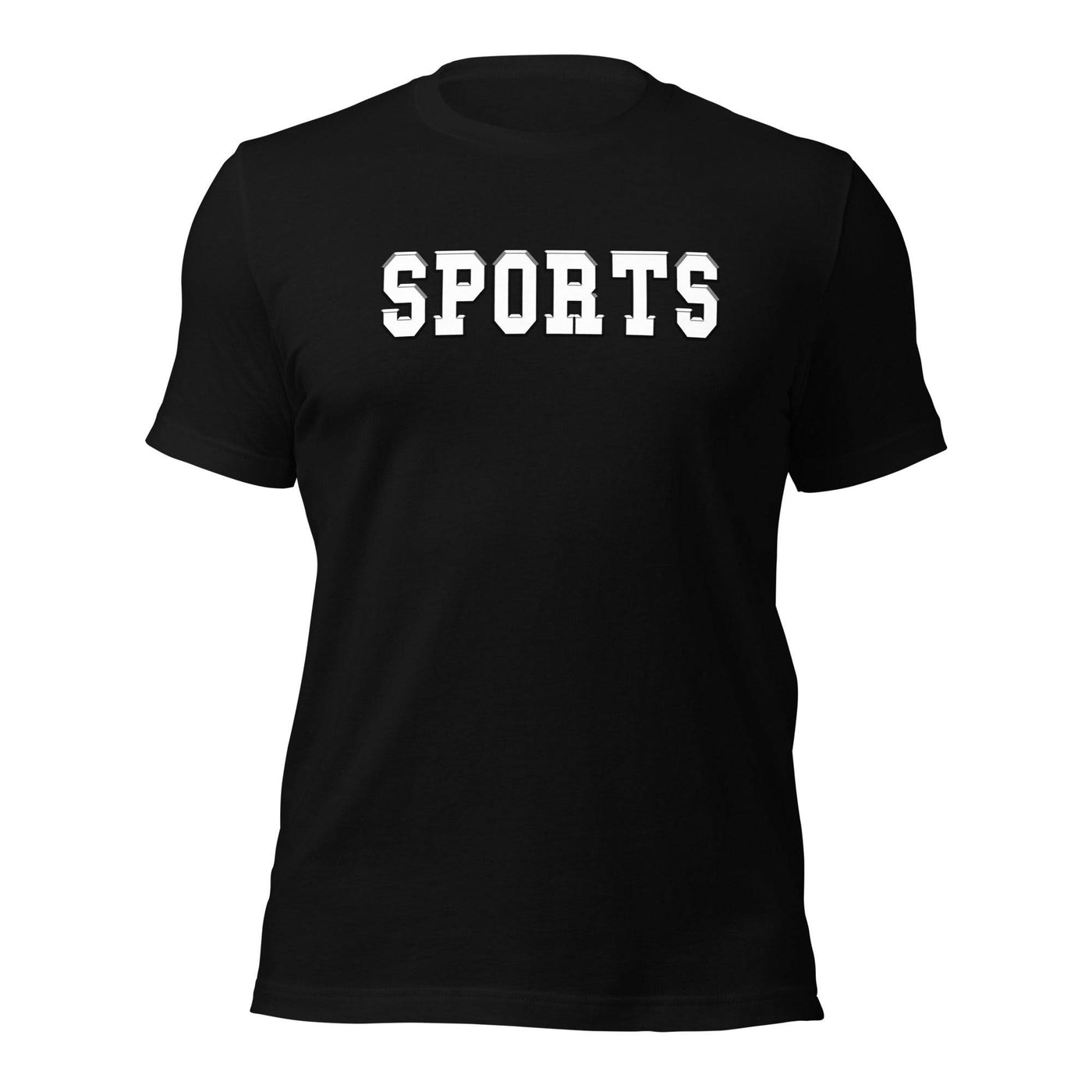 a black t - shirt with the word sports printed on it