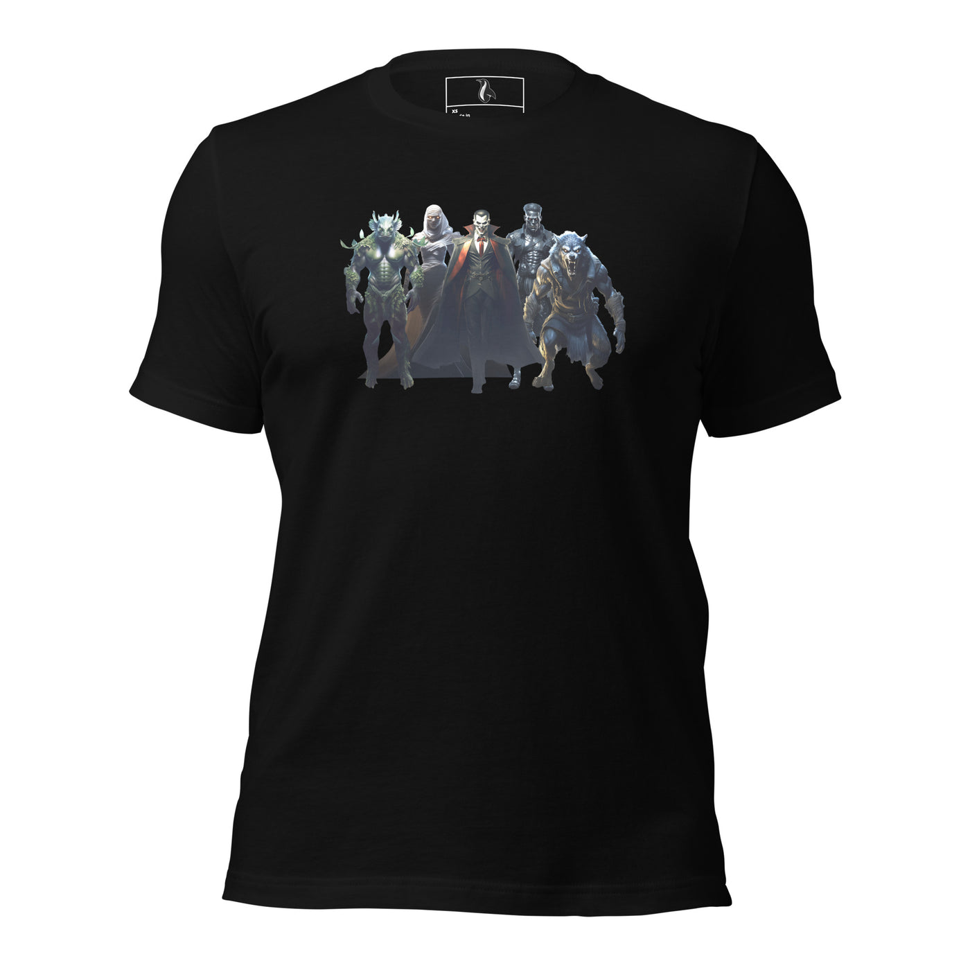 Dark gray unisex T-shirt with a monster graphic design from The Monster Squad, showcasing detailed creature characters on the front.