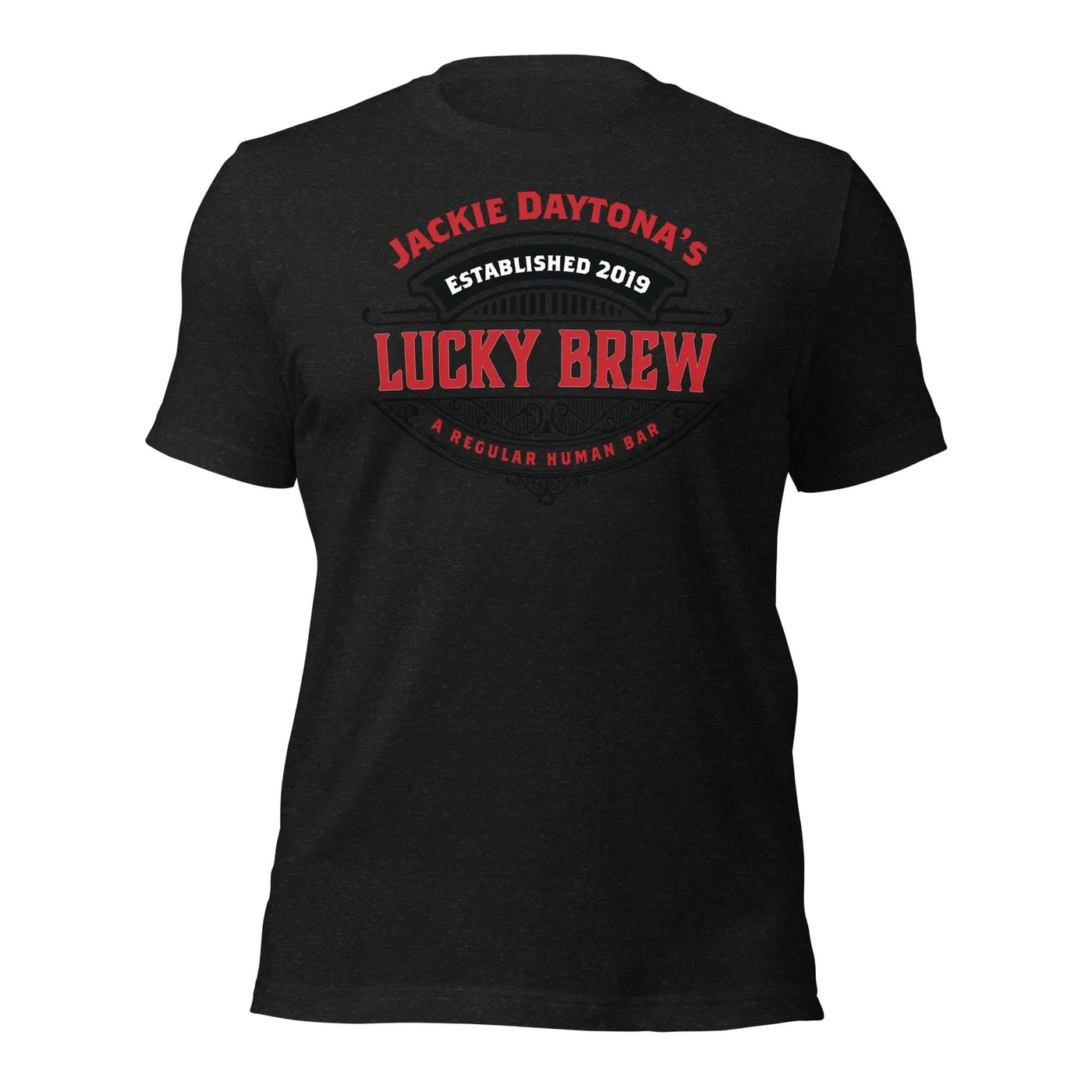 a black t - shirt with the words lucky brew on it