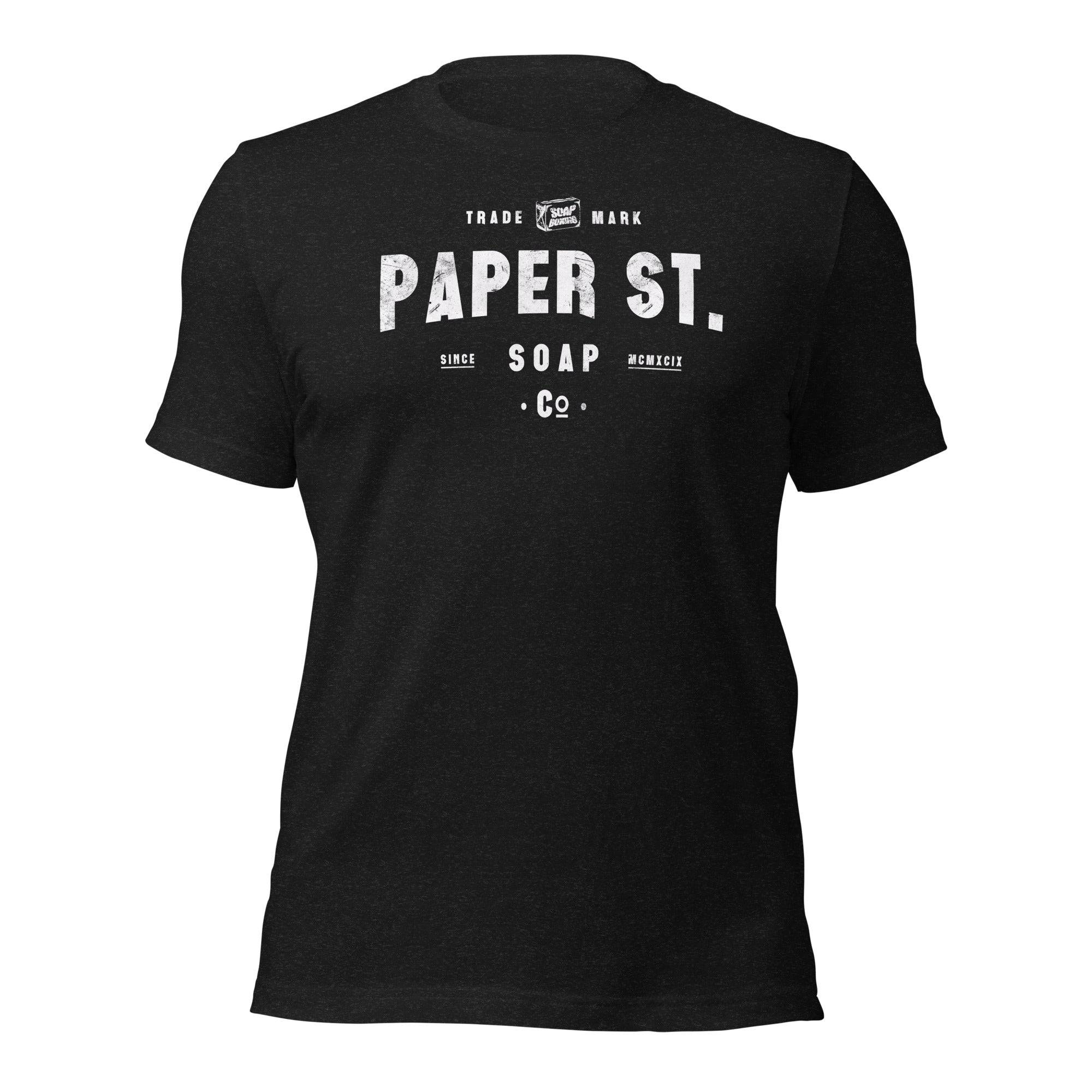 a black t - shirt that says paper st soap