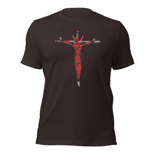 a black t - shirt with a red cross on it