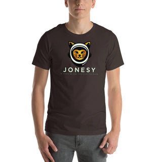 a man wearing a t - shirt with a picture of a cat on it