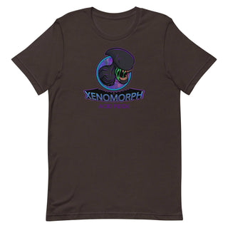 a brown t - shirt with an image of a dinosaur and the words xeno
