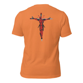 an orange t - shirt with a picture of a man on the cross