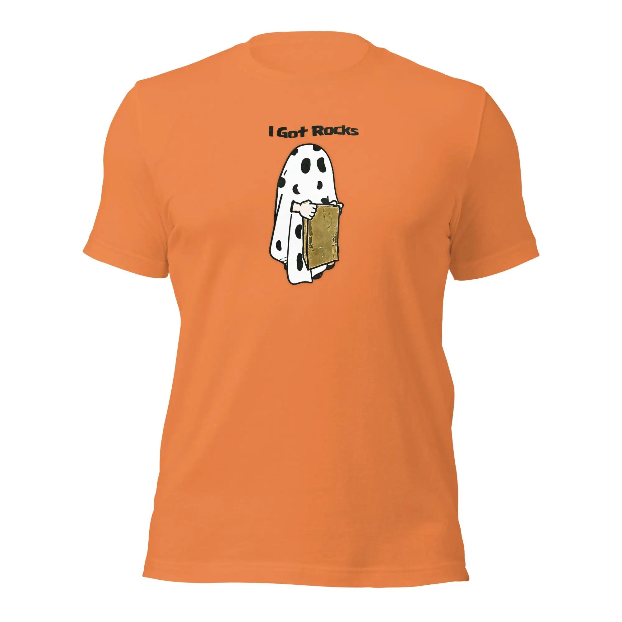 an orange t - shirt with a picture of a ghost holding a book