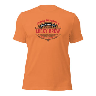 an orange t - shirt with the words lucky brew on it