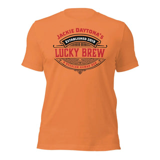 an orange t - shirt with the words lucky brew on it