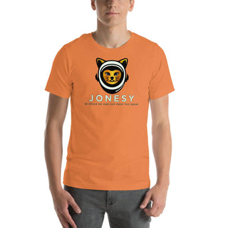 a man wearing an orange t - shirt with a cat on it
