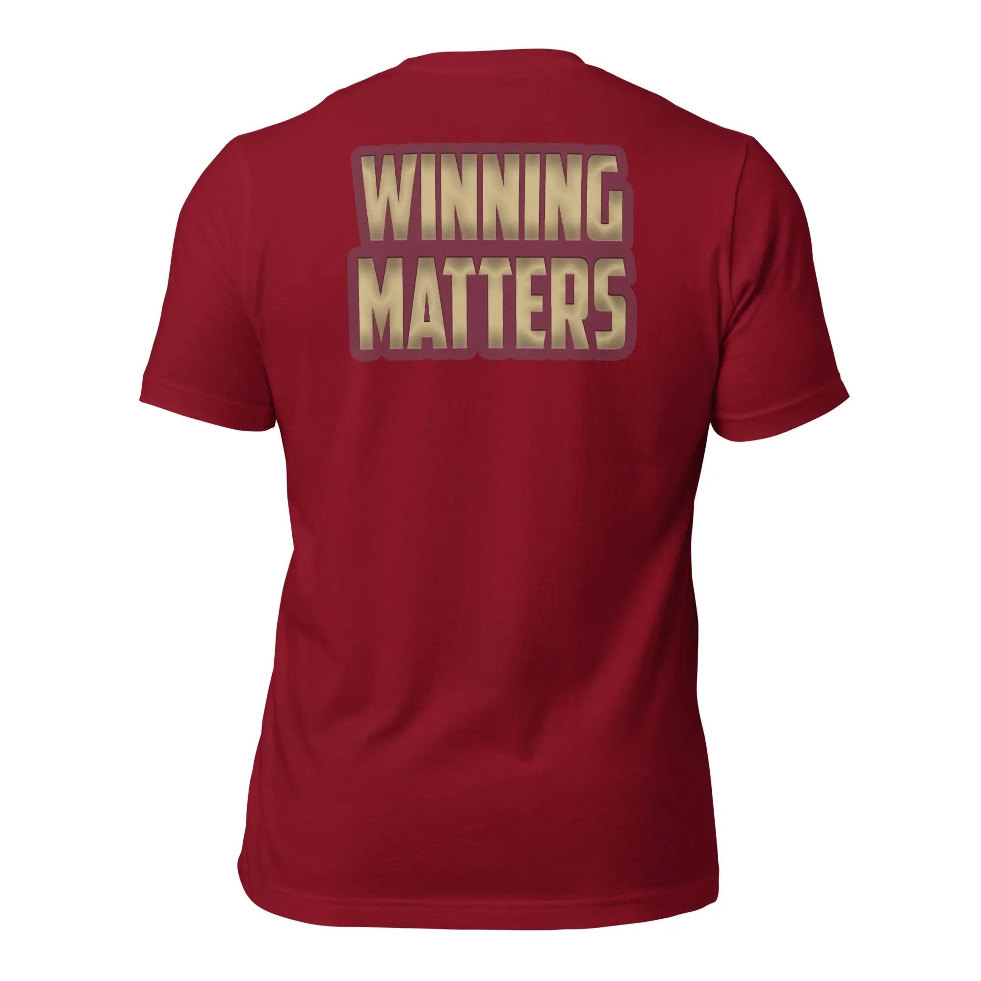 a red shirt with the words winning matters printed on it