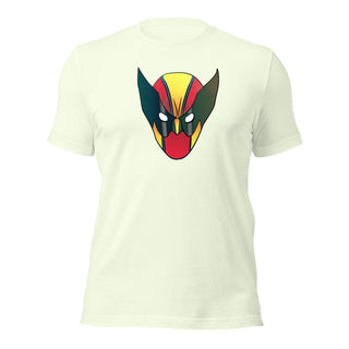 a white t - shirt with a red, yellow, and black devil face