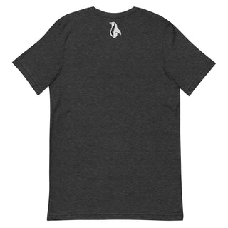 a black t - shirt with a white logo on the chest