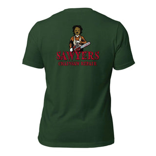 Sawyers Chainsaw Repair  Unisex t-shirt (BACK)