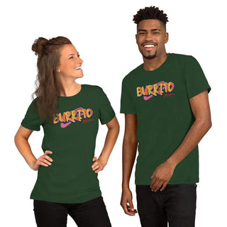a man and woman wearing green shirts with the word buffalo on it