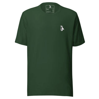 a green t - shirt with a white logo on the chest