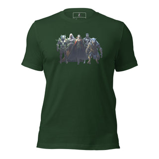 Green unisex T-shirt with a Monster Squad monster graphic, made of soft cotton, crew neck, short sleeves, casual wear.