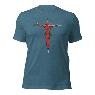 a blue t - shirt with a red cross on it