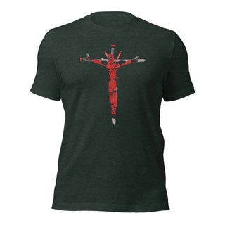 a black t - shirt with a red cross on it